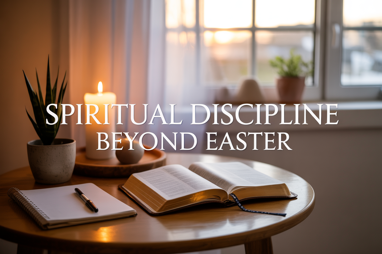 Create a realistic image of a peaceful meditation corner in a modern home with soft morning sunlight streaming through a window, featuring an open Bible on a wooden table alongside a journal with a pen, a small potted plant, and a lit candle, with warm golden lighting creating a serene atmosphere, and overlay text reading "Spiritual Discipline Beyond Easter" in elegant serif font.