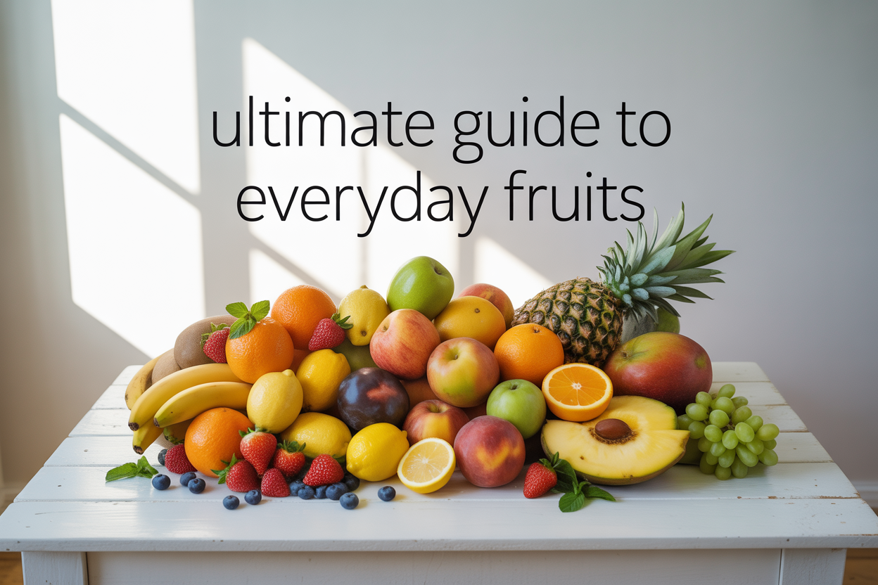 Create a realistic image of a vibrant and abundant display of fresh everyday fruits arranged on a clean white wooden table, featuring a variety of colorful fruits including oranges, lemons, strawberries, blueberries, bananas, apples, mangoes, pineapple slices, peaches, and grapes, all naturally lit with soft morning sunlight streaming from the left side creating gentle shadows, with the text "Ultimate Guide to Everyday Fruits" elegantly overlaid in modern sans-serif font in the upper portion of the image, and a few scattered mint leaves as decorative elements, shot from a slightly elevated angle to showcase the beautiful arrangement and natural textures of the fruits.