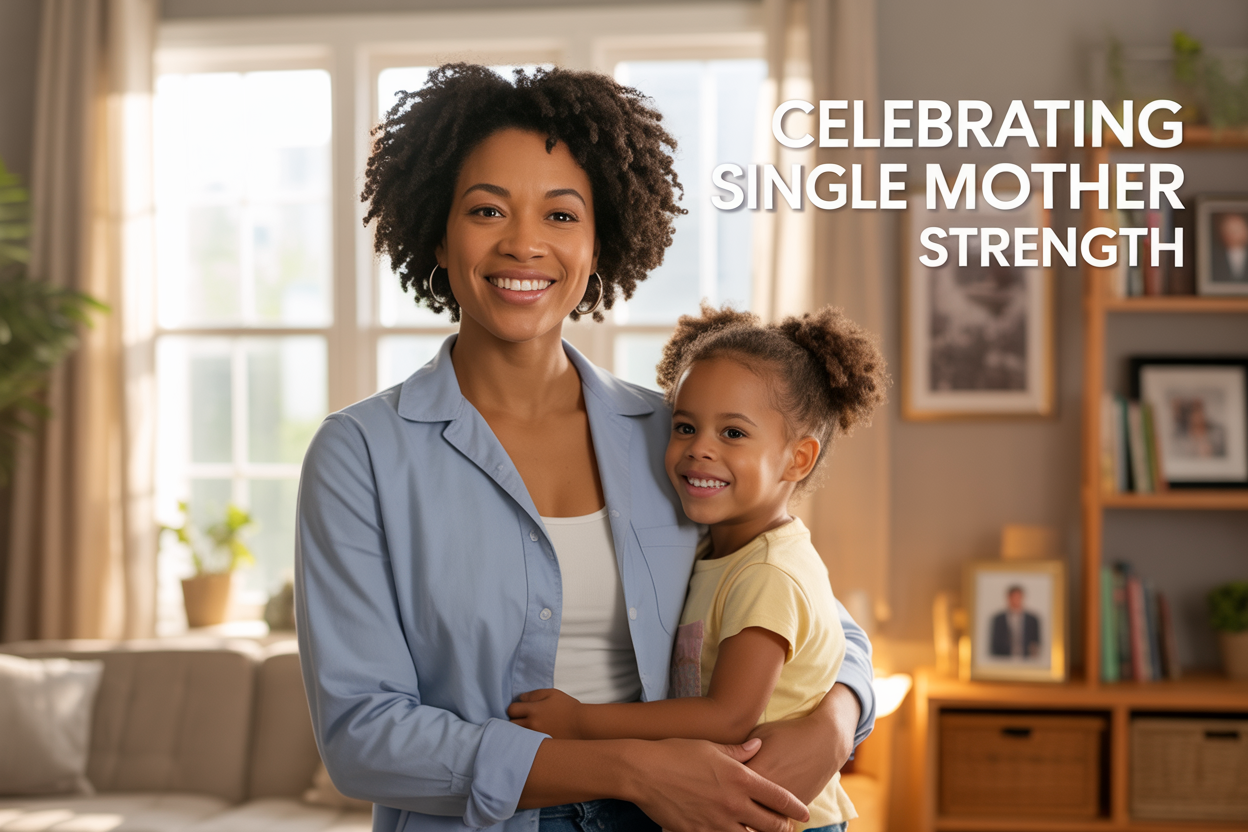 Create a realistic image of a confident Black single mother in her early 30s standing in a warm, sunlit living room, wearing casual professional attire, with her young child (around 6 years old) beside her, both smiling warmly at the camera, with soft natural lighting streaming through a window, books and family photos visible on shelves in the background, and the text "Celebrating Single Mother Strength" elegantly overlaid in the upper portion of the image in clean, modern font.