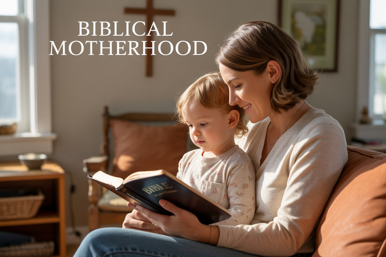 Create a realistic image of a warm, nurturing white female mother in her 30s sitting beside her young child reading from an open Bible together in a cozy living room, with soft natural lighting from a nearby window, wooden cross visible on the wall in the background, warm earth tones throughout the scene, peaceful and loving atmosphere, with the text "Biblical Motherhood" elegantly overlaid in serif font at the top of the image.