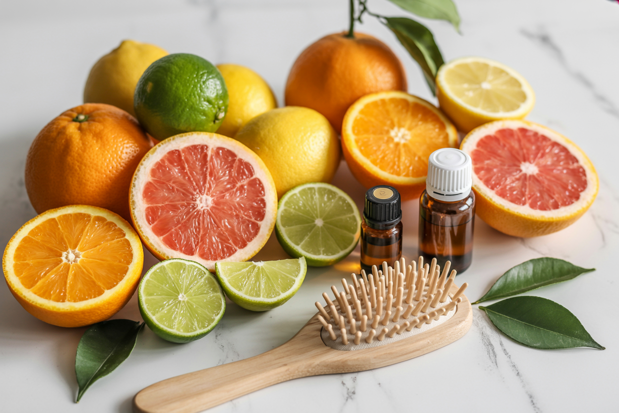 Create a realistic image of fresh citrus fruits including oranges, lemons, limes, and grapefruits arranged on a clean white marble surface, with some fruits cut in half to show their juicy interior, accompanied by small glass bottles of citrus essential oils, natural wooden hair brush, and fresh green leaves scattered around, shot in bright natural lighting with a clean, spa-like atmosphere, absolutely NO text should be in the scene.