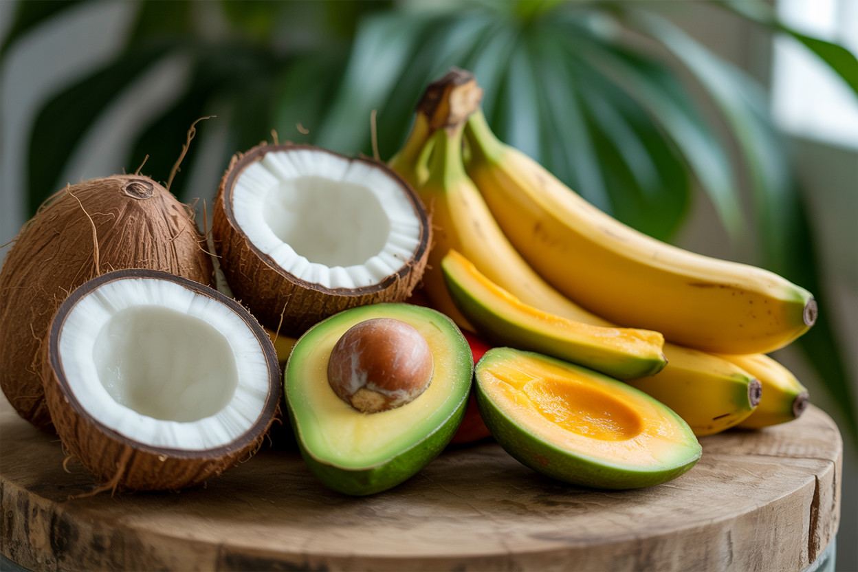 Create a realistic image of fresh tropical fruits including coconut halves with white flesh visible, ripe avocados cut in half showing the green flesh, sliced mangoes with golden orange flesh, and whole bananas arranged on a natural wooden surface, with soft natural lighting highlighting the moisture and oils naturally present in these fruits, creating a spa-like wellness atmosphere with green leafy plants softly blurred in the background, absolutely NO text should be in the scene.