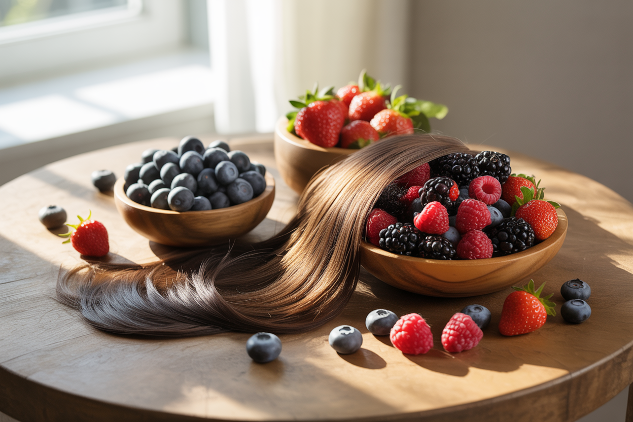 Create a realistic image of fresh berries including blueberries, strawberries, blackberries, and raspberries artfully arranged in wooden bowls on a rustic wooden table, with some berries scattered around the bowls, natural soft lighting streaming from a window creating gentle shadows, a few strands of healthy shiny dark hair elegantly placed near the berries to suggest hair care benefits, clean minimalist background with neutral earth tones, peaceful and natural mood emphasizing organic beauty and wellness, absolutely NO text should be in the scene.