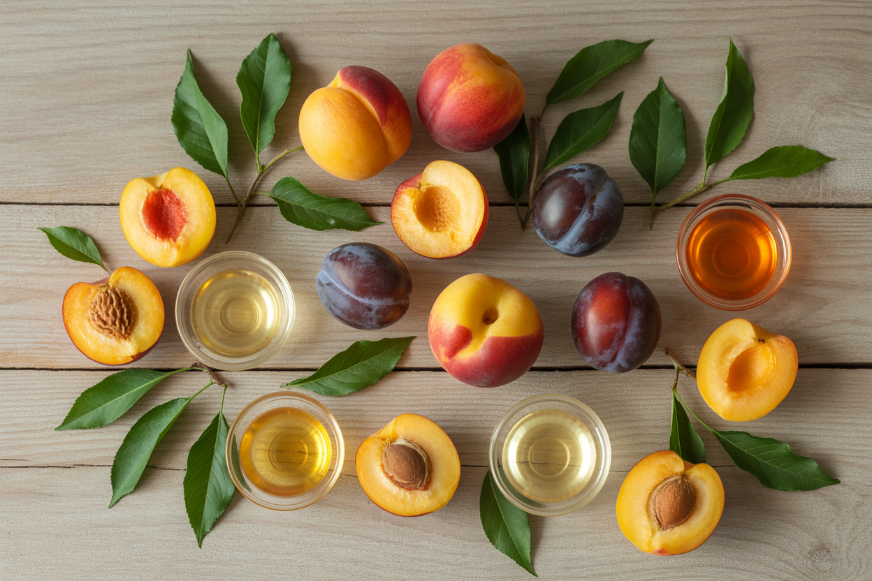Create a realistic image of fresh stone fruits including peaches, plums, and apricots arranged on a natural wooden surface with some fruits cut in half to show their flesh and pits, surrounded by fresh green leaves and small glass bowls containing fruit extracts or oils, with soft natural lighting creating a clean and organic atmosphere for natural hair care ingredients, absolutely NO text should be in the scene.
