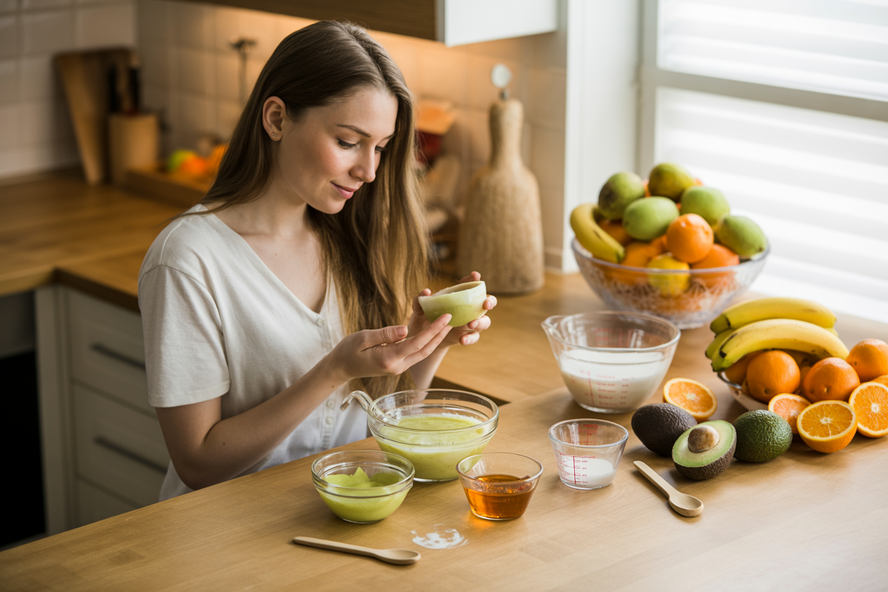 Create a realistic image of a white female with long hair sitting at a wooden kitchen counter applying a homemade fruit hair mask, with fresh fruits like avocados, bananas, and oranges scattered around, glass mixing bowls containing fruit-based hair treatments, wooden spoons for mixing, measuring cups, and natural ingredients like honey and coconut oil, with soft natural lighting from a nearby window, warm and inviting atmosphere, absolutely NO text should be in the scene.