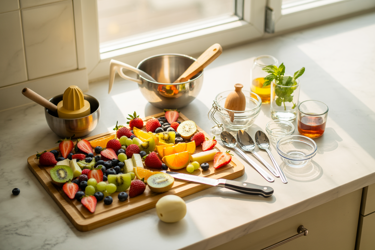 Create a realistic image of a bright, clean kitchen countertop displaying an organized arrangement of fresh fruit salad ingredients and preparation tools, featuring a wooden cutting board with colorful fresh fruits like strawberries, blueberries, kiwi slices, orange segments, and grapes, alongside essential kitchen tools including a sharp knife, mixing bowls, measuring spoons, a citrus juicer, and small glass containers with honey and mint leaves, all arranged neatly on a marble or light wooden surface with soft natural lighting from a nearby window creating gentle shadows, captured from a slightly elevated angle to showcase the complete setup in a welcoming kitchen environment, absolutely NO text should be in the scene.