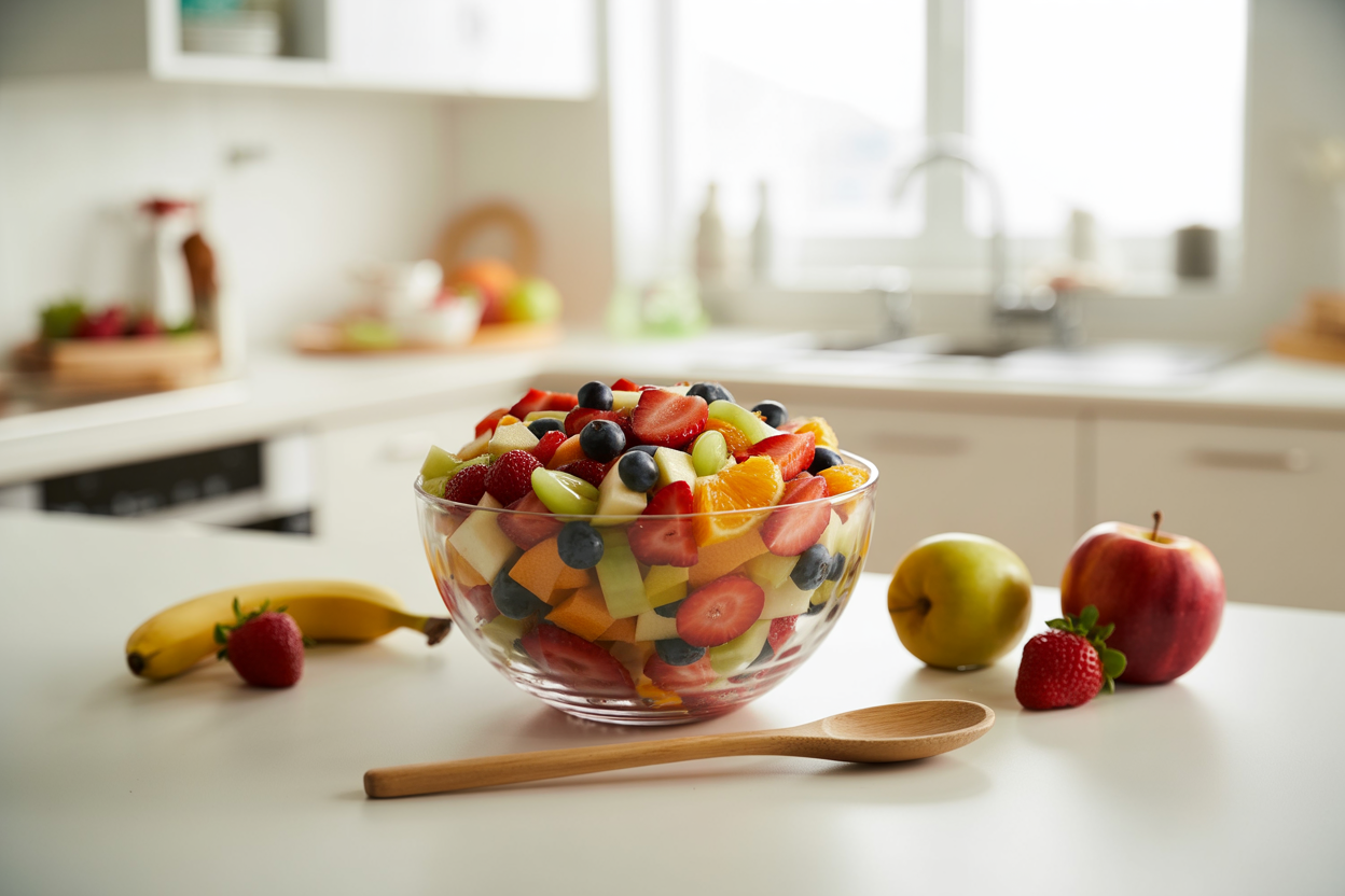 Create a realistic image of a vibrant fresh fruit salad in a clear glass bowl on a white kitchen counter, featuring colorful mixed fruits like strawberries, blueberries, grapes, diced apples, and orange segments, with a wooden spoon beside the bowl, a few whole fruits scattered nearby including a banana and an apple, bright natural lighting streaming from a window, clean modern kitchen background with white cabinets slightly blurred, conveying a quick and easy preparation scene with fresh ingredients, absolutely NO text should be in the scene.