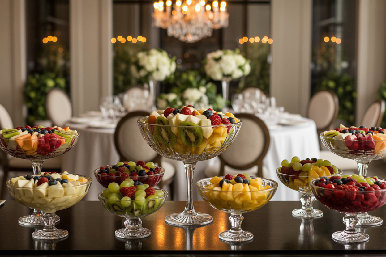 Create a realistic image of an elegant buffet table at an upscale party featuring multiple beautifully arranged fruit salads in crystal bowls and glass serving dishes, with colorful fresh fruits like berries, kiwi, pineapple, and grapes artfully displayed, set against a sophisticated dining room background with soft ambient lighting from chandeliers, white linens, and floral centerpieces creating a luxurious party atmosphere. Absolutely NO text should be in the scene.