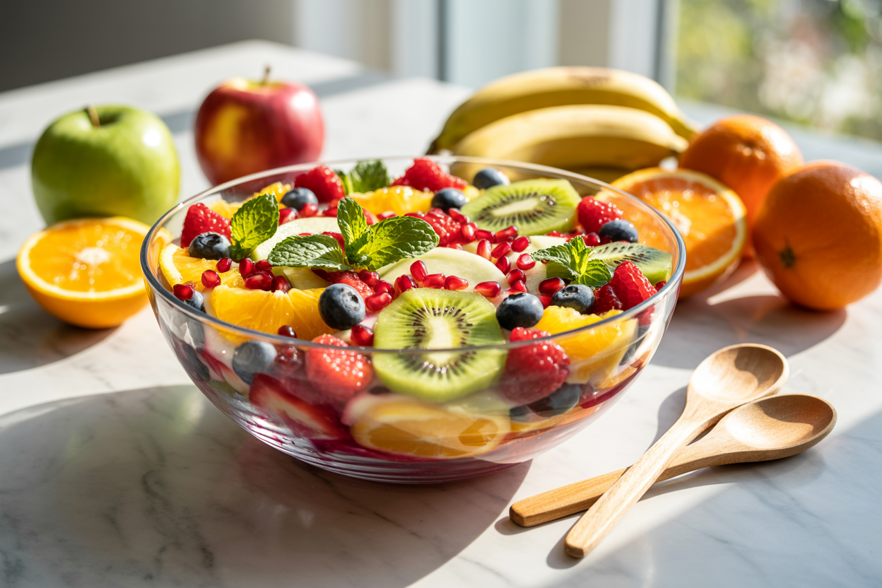 Create a realistic image of a vibrant and nutritious fruit salad in a large glass bowl featuring fresh berries, sliced kiwi, orange segments, pomegranate seeds, and mint leaves, with whole fruits like apples, oranges, and bananas arranged around the bowl on a clean white marble countertop, bright natural lighting streaming from the side creating a fresh and healthy atmosphere, with small wooden serving spoons beside the bowl, absolutely NO text should be in the scene.