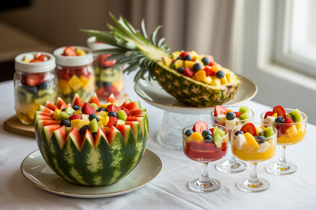 Create a realistic image of an elegant dining table showcasing multiple creative fruit salad presentations including a watermelon carved into a decorative bowl filled with colorful mixed fruits, mason jars layered with different colored fruit pieces, a pineapple hollowed out and filled with tropical fruit salad, and small individual serving glasses with perfectly arranged fruit parfaits, all arranged on a white tablecloth with soft natural lighting from a nearby window, featuring vibrant colors of strawberries, blueberries, kiwi, mango, and grapes artistically displayed to create an impressive and appetizing spread, absolutely NO text should be in the scene.