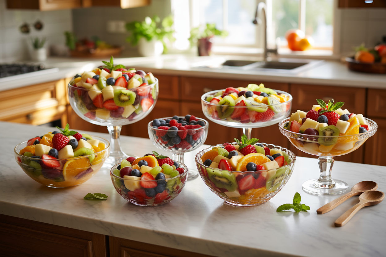 Create a realistic image of a beautifully arranged collection of colorful fruit salads displayed on a marble kitchen countertop, featuring multiple glass bowls and elegant serving dishes filled with vibrant mixed fruits including strawberries, blueberries, kiwi slices, orange segments, grapes, and pineapple chunks, with some bowls showing simple everyday presentations and others showcasing elegant garnished arrangements, natural kitchen lighting streaming through a nearby window creating soft shadows, fresh mint leaves scattered around as decorative accents, a few wooden serving spoons placed beside the bowls, warm and inviting atmosphere suggesting both casual and special occasion dining, absolutely NO text should be in the scene.