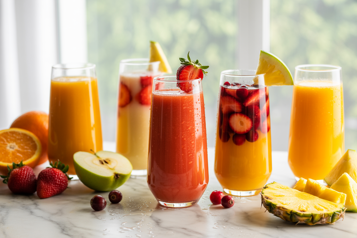 Create a realistic image of several tall glasses filled with vibrant, colorful fruit juice combinations including orange-strawberry, apple-cranberry, and pineapple-mango blends, arranged on a clean white marble countertop with fresh fruits like oranges, strawberries, apples, cranberries, pineapple chunks, and mango slices scattered around the glasses, bright natural lighting streaming from a window creating a fresh and inviting atmosphere, with water droplets on the glass surfaces suggesting freshness and coolness, absolutely NO text should be in the scene.