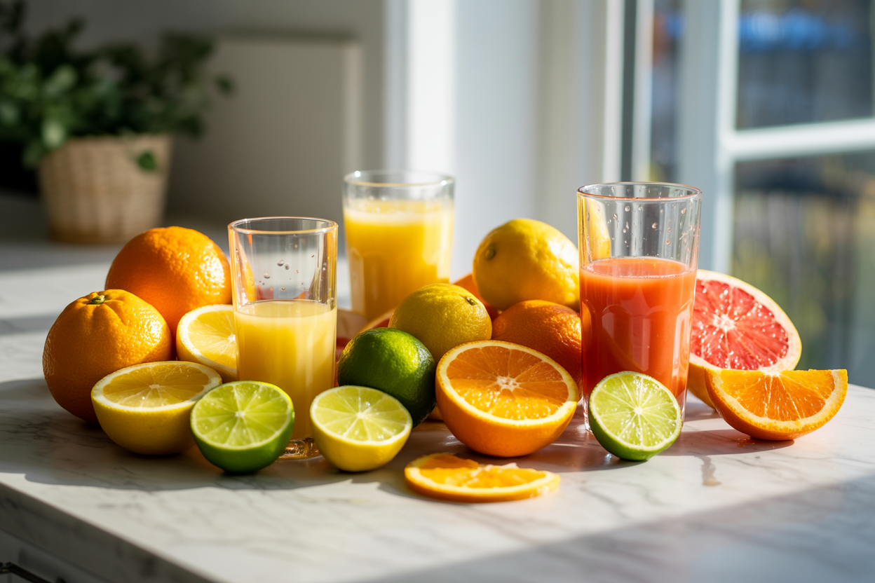 Create a realistic image of a vibrant collection of fresh citrus fruits including oranges, lemons, limes, and grapefruits arranged on a clean white marble countertop, with freshly squeezed juice in tall clear glasses showing bright orange and yellow colors, scattered citrus slices and wedges, droplets of water on the fruits suggesting freshness, natural morning sunlight streaming through a window creating a bright and energizing atmosphere, shallow depth of field focusing on the colorful juices and fruits in the foreground, absolutely NO text should be in the scene.