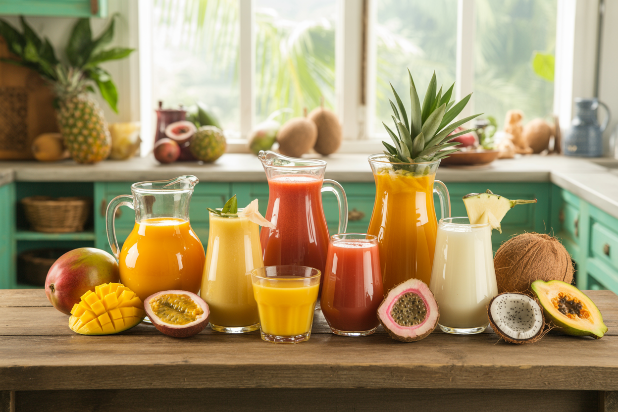 Create a realistic image of vibrant exotic tropical fruit juices in elegant glass pitchers and glasses arranged on a rustic wooden table, featuring colorful combinations like mango-passion fruit, pineapple-coconut, papaya-guava, and dragon fruit-lychee blends, with fresh tropical fruits including sliced mangoes, pineapples, passion fruits, papayas, dragon fruits, and coconuts scattered around as garnishes, set against a bright tropical kitchen background with natural sunlight streaming through windows, creating a fresh and inviting atmosphere that emphasizes the exotic and refreshing nature of tropical juice combinations, absolutely NO text should be in the scene.