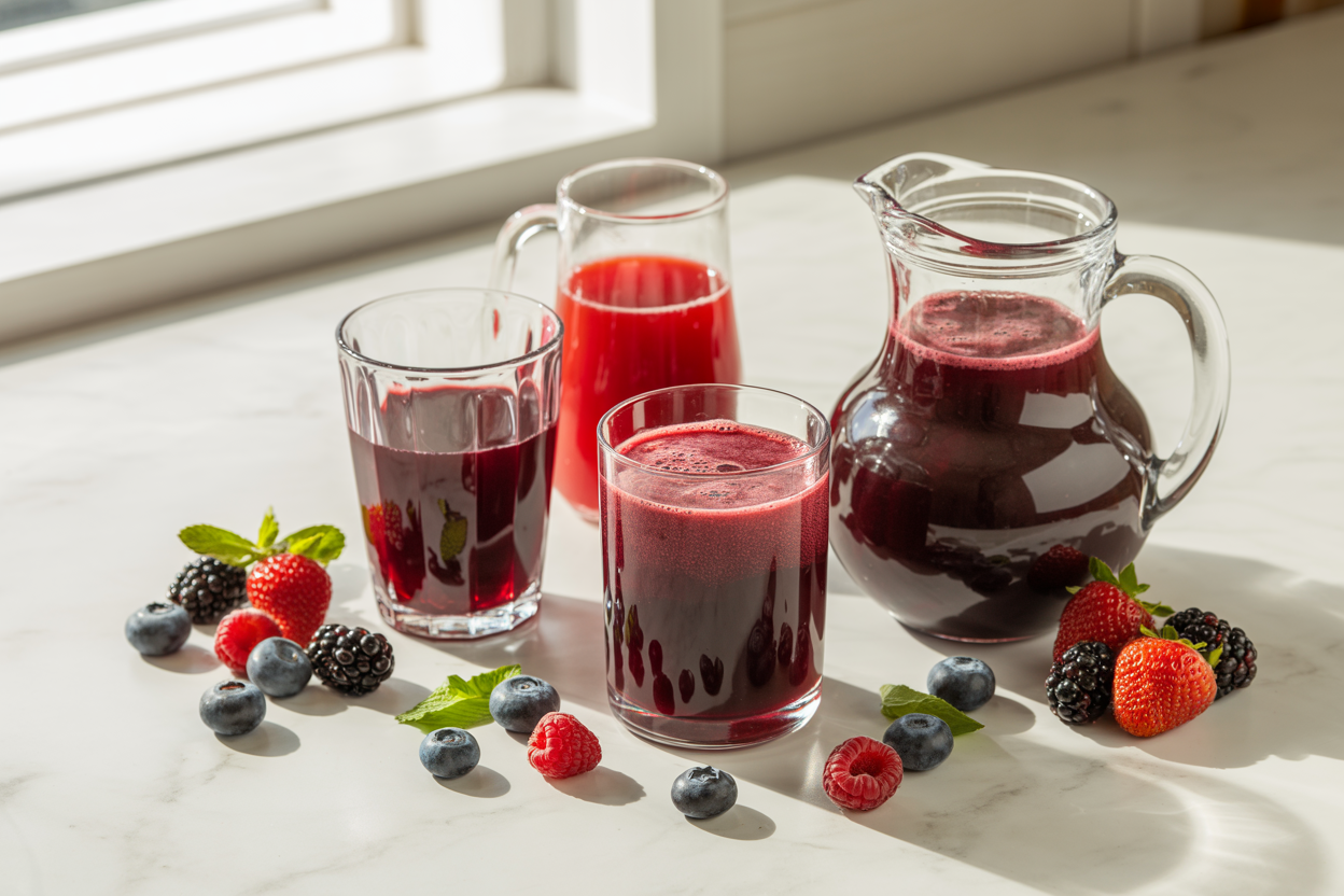 Create a realistic image of fresh antioxidant-rich berries including blueberries, blackberries, raspberries, and strawberries arranged around elegant glass pitchers and glasses filled with vibrant purple and red berry juice combinations, set on a clean white marble countertop with natural morning sunlight streaming in from the side creating soft shadows, surrounded by scattered whole berries and a few mint leaves as garnish, shot from a slightly elevated angle to showcase the rich colors and textures of the berry juices, with a bright and fresh atmosphere that emphasizes the healthy and delicious nature of the beverages. Absolutely NO text should be in the scene.