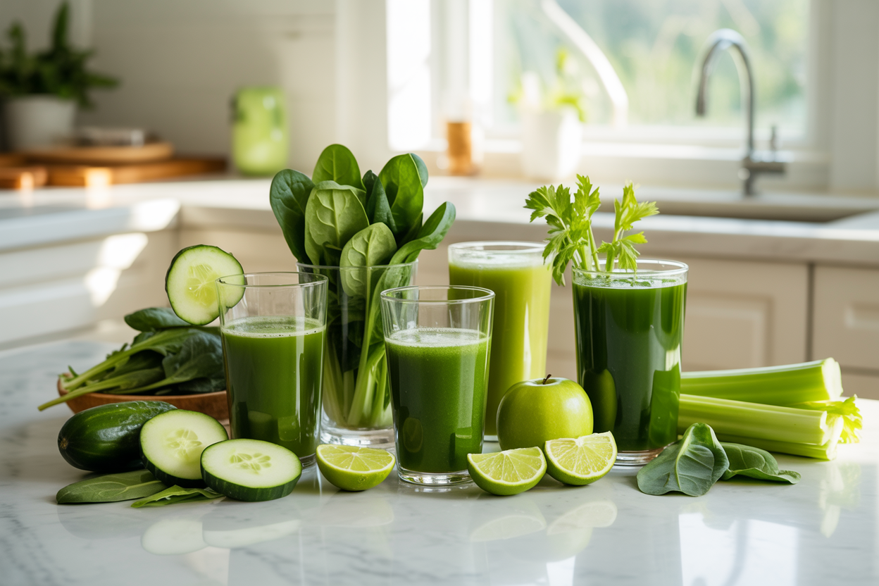Create a realistic image of vibrant green juice combinations in tall clear glasses arranged on a clean white marble countertop, featuring fresh spinach leaves, kale, cucumber slices, green apples, celery stalks, and lime wedges scattered around the glasses, with natural morning sunlight streaming through a window creating soft shadows, showcasing the healthy green beverages with rich emerald and jade colored juices, in a modern kitchen setting with a fresh and energizing mood, absolutely NO text should be in the scene.