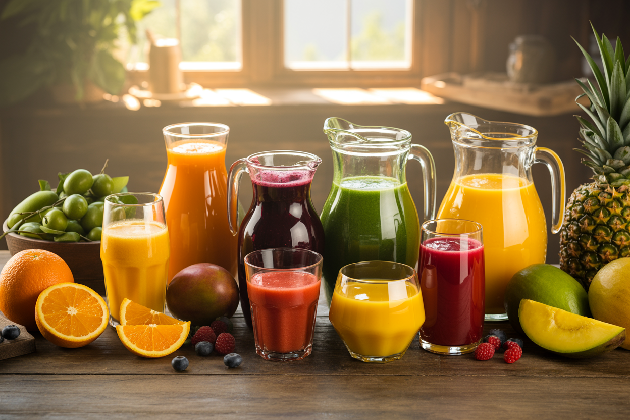 Create a realistic image of a beautifully arranged collection of various colorful fruit juice glasses and pitchers on a rustic wooden table, featuring vibrant orange citrus juice, deep purple berry blend, bright green vegetable juice, tropical yellow-orange mango juice, and classic red cranberry juice, surrounded by fresh fruits like oranges, berries, leafy greens, mangoes, and pineapples, with natural sunlight streaming through a window creating warm golden lighting and subtle shadows, conveying a healthy, refreshing, and appetizing mood that celebrates the variety and appeal of homemade fruit juice combinations, absolutely NO text should be in the scene.