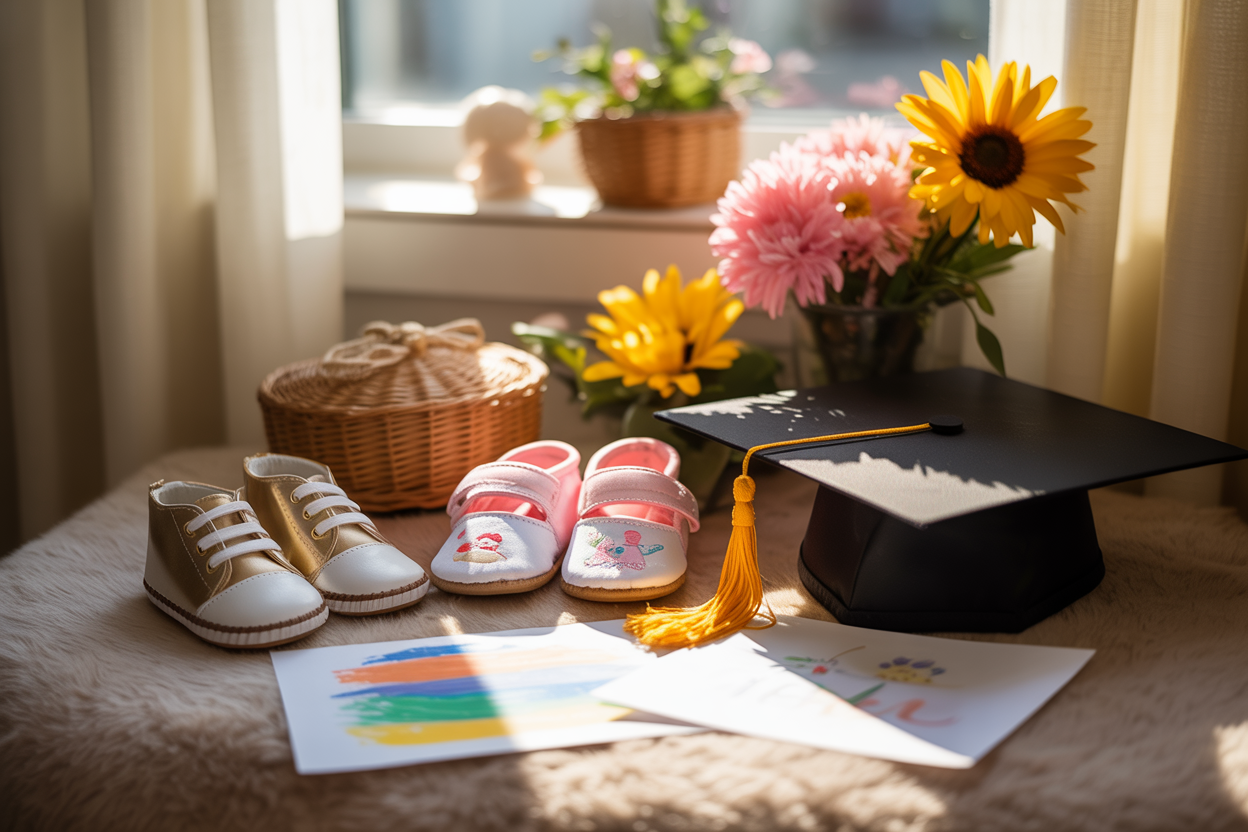 Create a realistic image of a diverse collection of meaningful motherhood symbols arranged on a soft wooden surface, including a baby's first shoes, a child's colorful drawing, a teenager's graduation cap, and fresh flowers representing growth and renewal, with warm natural lighting streaming through a nearby window creating gentle shadows, conveying a sense of cherished memories and life's precious phases, absolutely NO text should be in the scene.