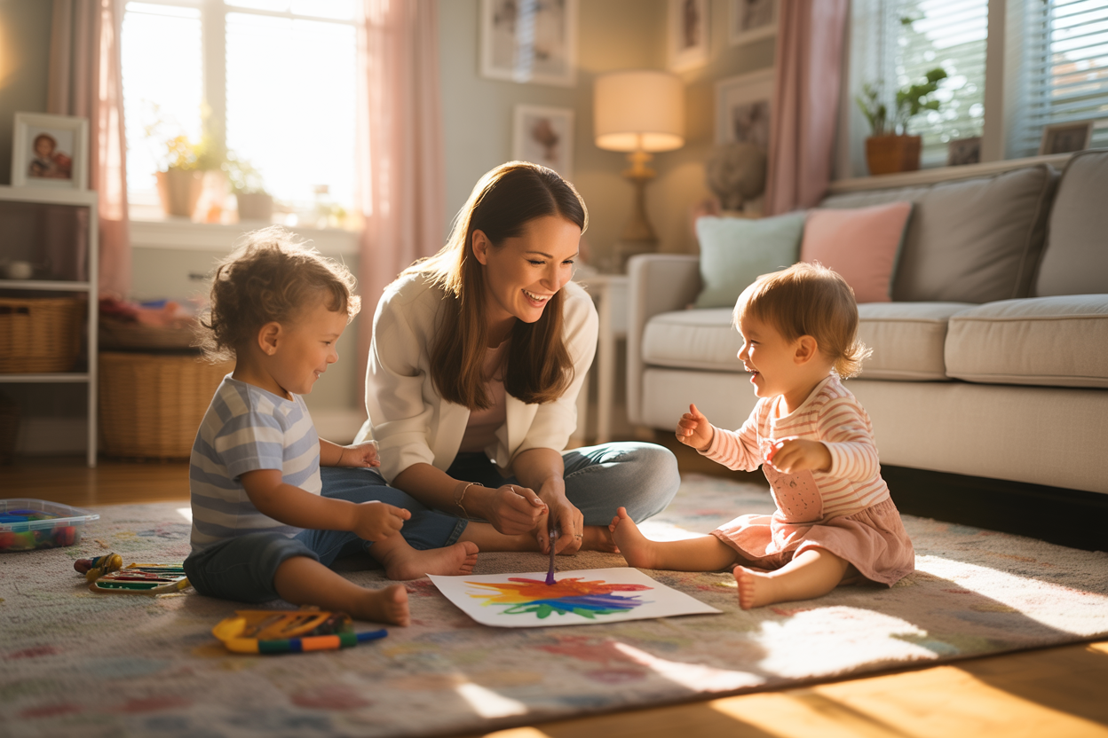 Create a realistic image of a white female mother in her early thirties sitting on a cozy living room floor with her two young children, transforming a messy play session with scattered toys and art supplies into a beautiful bonding moment as she helps them create colorful artwork together, warm natural sunlight streaming through nearby windows casting a golden glow across the scene, capturing genuine smiles and laughter that show joy emerging from everyday chaos, soft pastel colors throughout the room with comfortable furniture and family photos visible in the background, absolutely NO text should be in the scene.