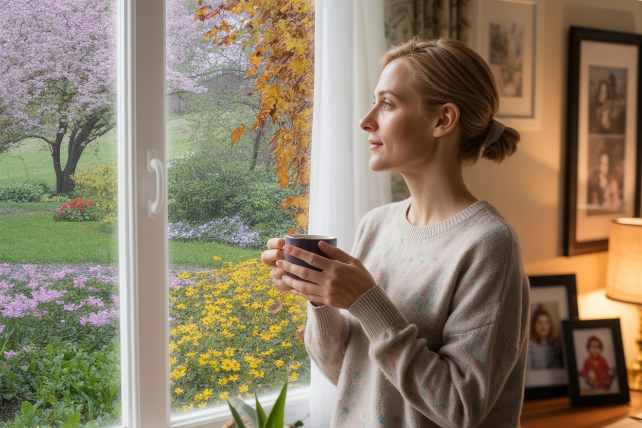Create a realistic image of a peaceful white mother in her early thirties standing at a window looking out at a garden that shows multiple seasons blending together, with spring flowers blooming on one side and autumn leaves falling on the other, soft natural lighting streaming through the window, the woman wearing a comfortable sweater with a gentle, contemplative expression, holding a warm cup of tea, representing the graceful transition through different phases of life, with a cozy home interior visible in the background including family photos on a nearby table, warm and serene atmosphere conveying hope and acceptance, absolutely NO text should be in the scene.