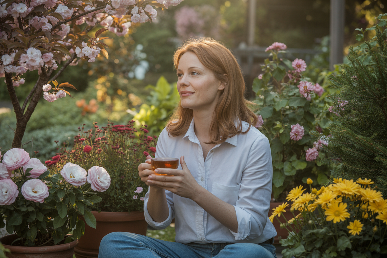 Create a realistic image of a peaceful white female mother in her 30s sitting in a sunlit garden surrounded by flowering plants representing different seasons - spring cherry blossoms, summer roses, autumn chrysanthemums, and winter evergreens - with a gentle smile on her face as she holds a warm cup of tea, soft golden hour lighting filtering through the diverse foliage creating a serene and contemplative atmosphere that conveys acceptance, growth, and finding beauty in life's changing phases, absolutely NO text should be in the scene.