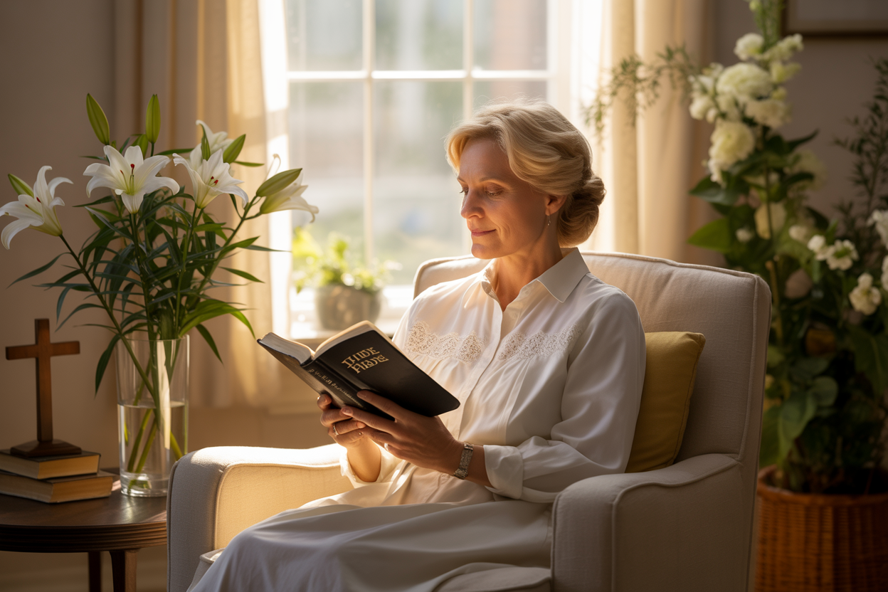 Create a realistic image of a peaceful scene featuring a white Christian mother sitting in a comfortable armchair reading a Bible with soft sunlight streaming through a nearby window, surrounded by subtle Christian symbols like a wooden cross on a side table and fresh white lilies in a vase, with warm golden lighting creating a serene and contemplative atmosphere that conveys faith and maternal devotion, absolutely NO text should be in the scene.