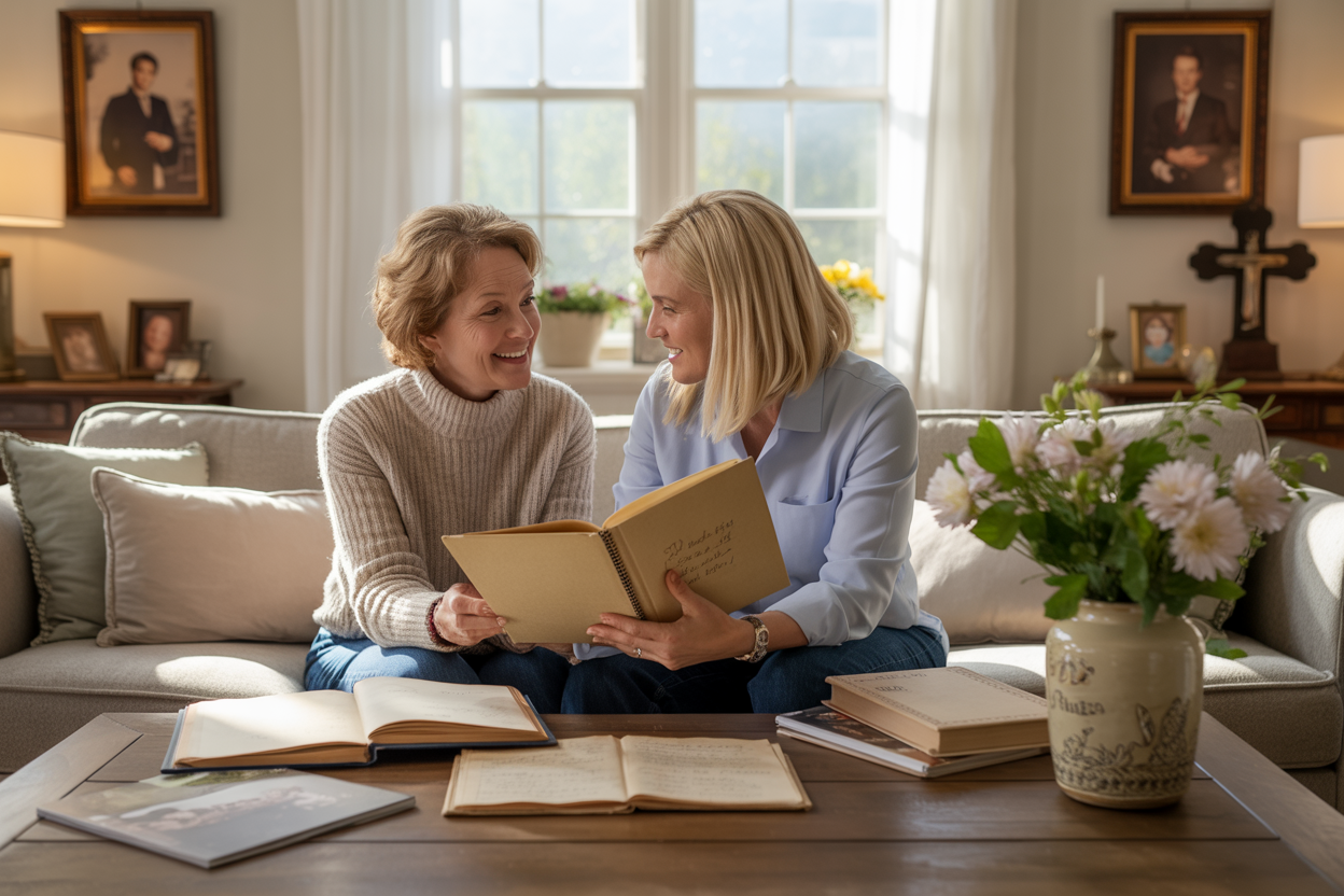 Create a realistic image of a warm, cozy living room scene with a white female mother and her adult white female daughter sitting together on a comfortable sofa, looking through old family photo albums and handwritten recipe books spread on a wooden coffee table, with soft natural lighting streaming through a window, family portraits hanging on the walls in the background, a vintage wooden cross displayed on a side table, and fresh flowers in a ceramic vase, conveying a sense of warmth, tradition, and family legacy being passed down through generations, absolutely NO text should be in the scene.