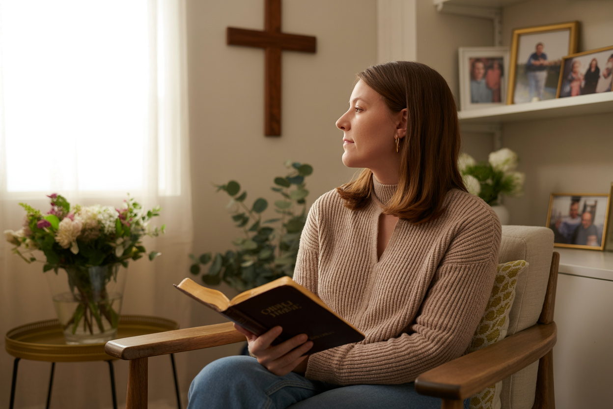 Create a realistic image of a white Christian mother in her 30s sitting peacefully in a cozy living room chair, holding an open Bible in her lap while looking thoughtfully toward a window with soft natural light streaming in, with a wooden cross hanging on the wall behind her, fresh flowers in a vase on a nearby side table, and family photos displayed on shelves in the background, conveying a warm, serene, and spiritually reflective atmosphere with gentle golden hour lighting. Absolutely NO text should be in the scene.