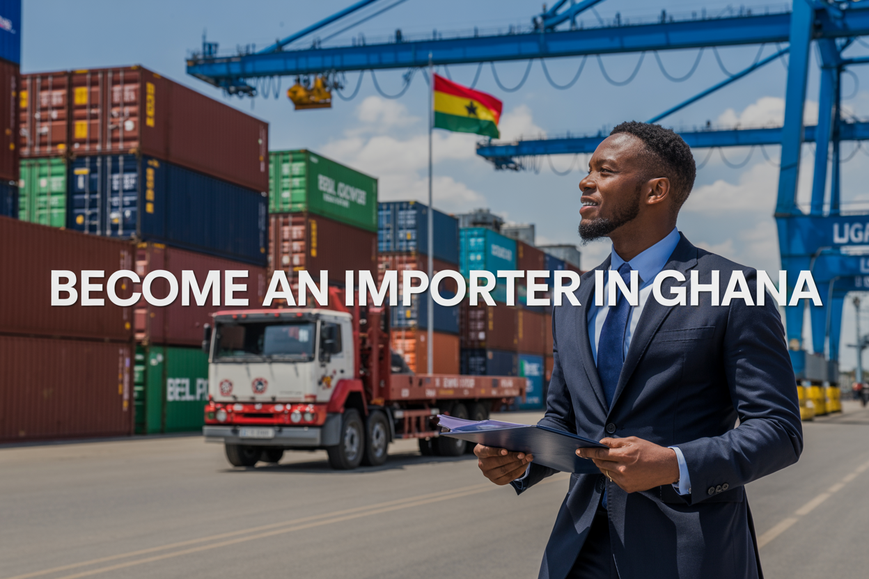Create a realistic image of a modern Ghanaian port or shipping facility with colorful cargo containers stacked in the background, a black male business professional in a suit holding documents and looking confidently at shipping operations, Ghana's flag visible on a flagpole, trucks and cranes actively moving goods, bright daylight with clear blue skies, and bold text overlay reading "Become an Importer in Ghana" positioned prominently across the image.