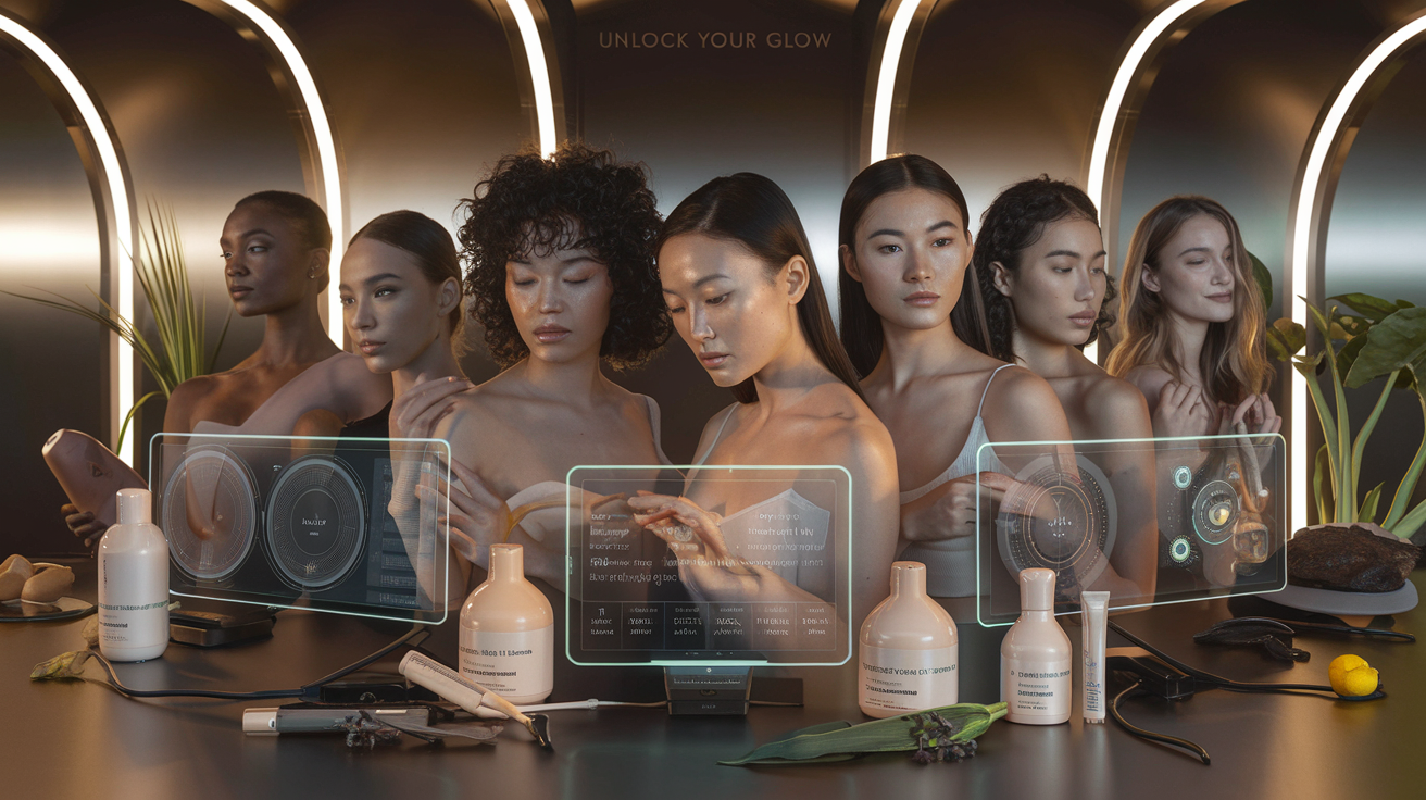 Create a realistic image of a diverse group of women (Black, Asian, and White) with glowing skin examining high-tech beauty devices in a sleek, futuristic setting with holographic beauty analysis displays, sustainable beauty products with refillable packaging, and natural ingredients surrounding them, all bathed in soft, radiant lighting that highlights their natural beauty, with the text "UNLOCK YOUR GLOW" appearing subtly in the background.