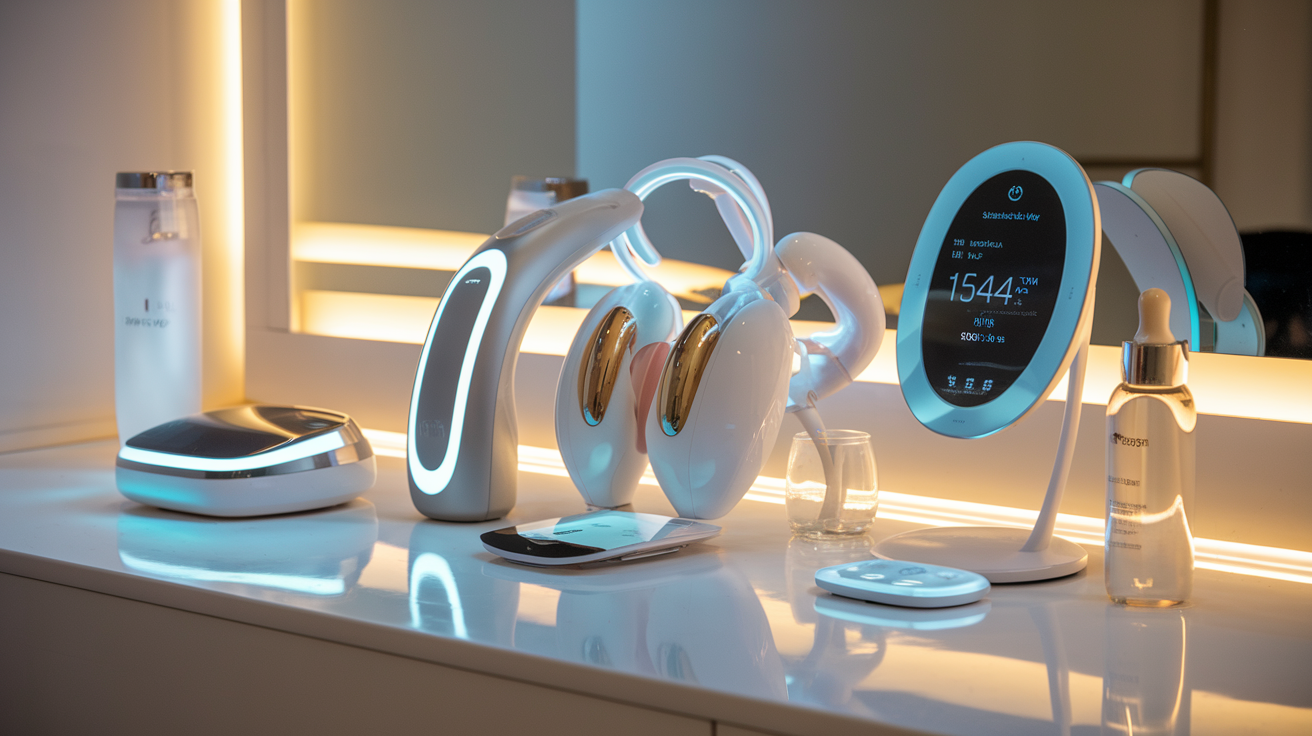 Create a realistic image of futuristic beauty technology devices arranged on a sleek white countertop, including a handheld skin analyzer with glowing blue light, a facial massage device with gold accents, a smart mirror displaying skin metrics, and a personalized serum dispenser, all surrounded by soft ambient lighting that highlights their modern design and technological sophistication.