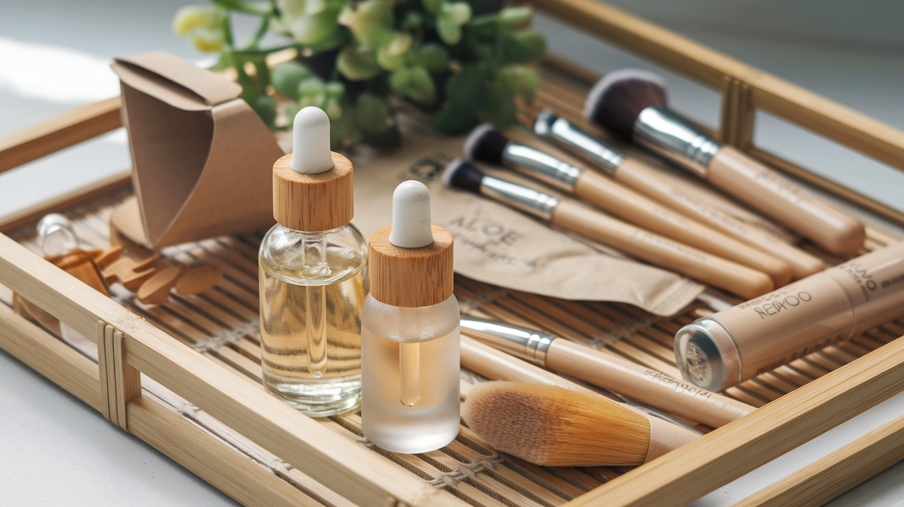 Create a realistic image of various eco-friendly, sustainable beauty products arranged on a clean bamboo tray, including glass bottles with plant-based serums, recyclable packaging, biodegradable makeup brushes, and ingredients like aloe vera and coconut oil, with soft natural lighting creating a fresh, clean aesthetic, and a small green plant in the background suggesting natural origins.