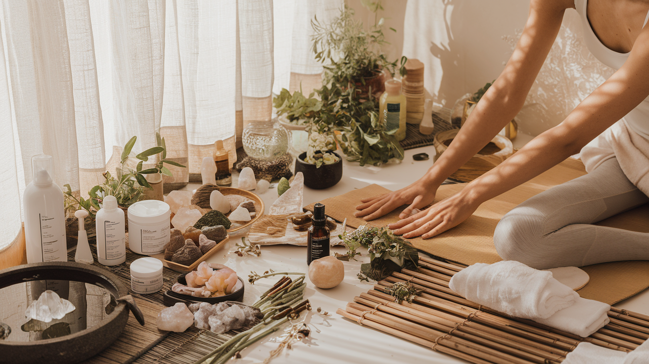 Create a realistic image of a serene wellness space with a mix of natural beauty elements - a white female with glowing skin practicing yoga on a bamboo mat, surrounded by natural skincare products, crystals, fresh herbs, and a small water fountain, with soft natural lighting streaming through sheer curtains, conveying the connection between inner wellness and outer beauty.