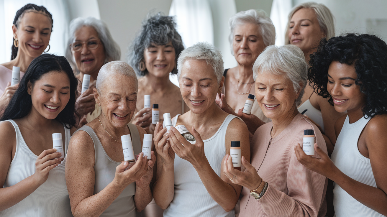 Create a realistic image of a diverse group of women of different races (Black, Asian, White, Hispanic) with varying skin tones, ages, and body types showcasing natural beauty, standing together in a bright, airy studio with soft lighting, examining skincare products labeled with inclusive messaging, radiating confidence and joy, representing the expanding definition of beauty in 2025.