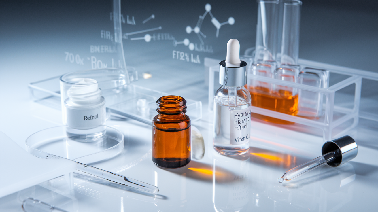 Create a realistic image of scientific skincare ingredients arranged on a clean white laboratory surface, featuring glass containers with serums, retinol, hyaluronic acid, niacinamide, and vitamin C, with scientific formulas and molecular structures lightly etched in the background, modern clinical lighting, and a few testing pipettes nearby.