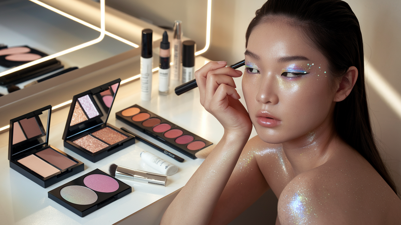 Create a realistic image of a fashionable Asian female model applying futuristic makeup, showcasing 2025 trends like holographic eyeshadow, light-reflective highlighter, and biodegradable glitter, with makeup products arranged artistically beside her on a clean white vanity, soft natural lighting highlighting her glowing skin, and a subtle tech-inspired background suggesting innovative beauty techniques.