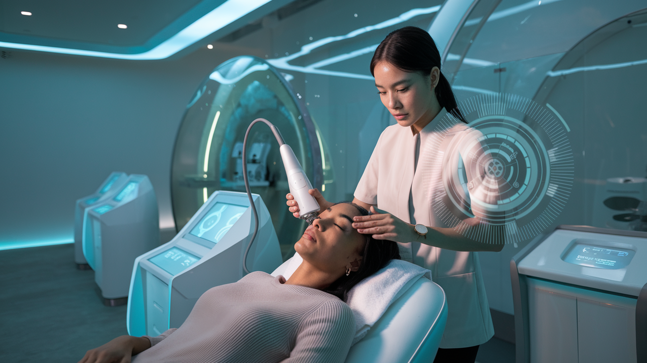 Create a realistic image of a futuristic beauty salon with holographic skin analysis displays, a young Asian female technician using advanced beauty devices on a relaxed Black female client, sleek minimalist decor with soft blue lighting, transparent treatment pods in the background, and subtle tech elements suggesting advanced personalized treatments in the year 2025.