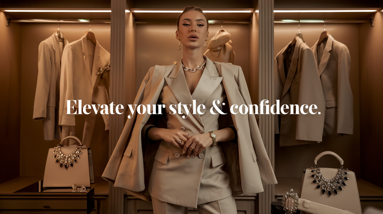 Create a realistic image of a confident woman (race neutral) wearing an elegant outfit with perfectly tailored blazer, standing tall with excellent posture in front of a stylish wardrobe, surrounded by carefully curated accessories including statement jewelry and a classic handbag, with warm lighting creating a glamorous yet authentic atmosphere, with soft text overlay reading "Elevate Your Style & Confidence."