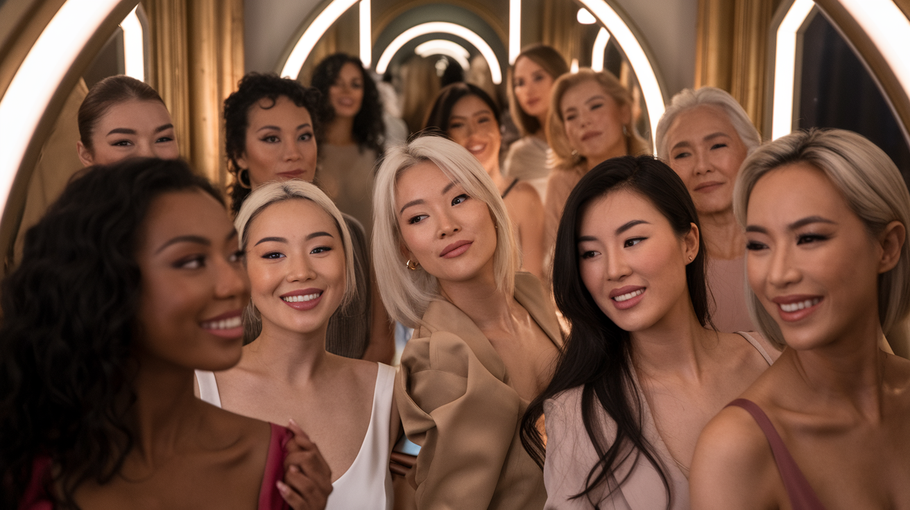 Create a realistic image of a diverse group of women of different races (Black, White, Asian, Hispanic) looking confidently at their reflections in elegant mirrors, with soft, warm lighting creating a glamorous atmosphere, focusing on their genuine smiles and self-assured postures rather than just their fashionable attire, symbolizing inner confidence beyond surface-level appearance.