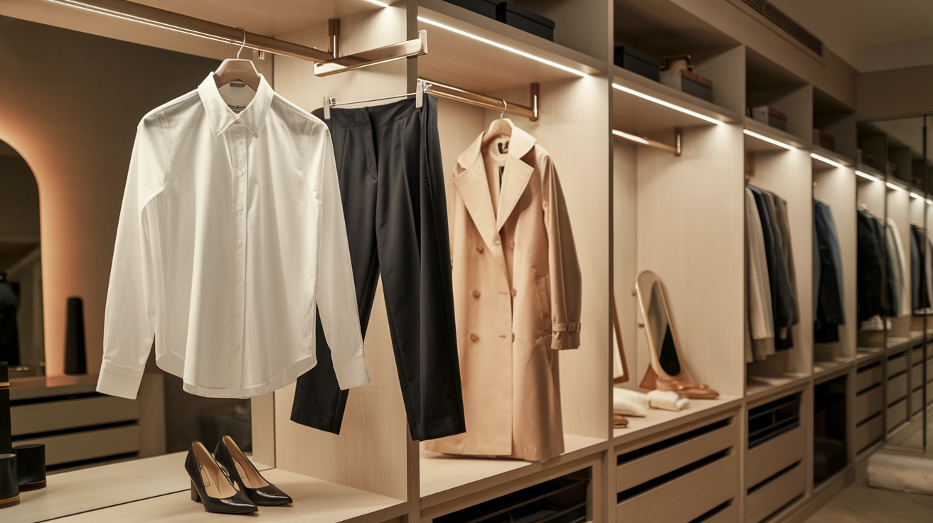 Create a realistic image of an organized, luxurious walk-in closet with carefully curated wardrobe essentials - a crisp white button-down shirt, tailored black trousers, a classic beige trench coat, and elegant black pumps displayed thoughtfully on wooden hangers and shelves, with soft, warm lighting creating a sophisticated atmosphere that exudes timeless elegance and refinement.