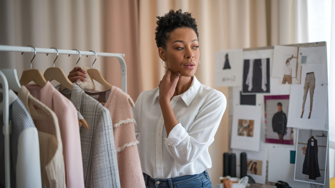 Create a realistic image of a stylish Black woman in her 30s confidently arranging clothing items on a clothing rack, selecting pieces that reflect her personal style, with a mood board visible in the background displaying her fashion inspirations, in a well-lit modern dressing room with soft natural lighting highlighting her thoughtful expression as she develops her signature look.