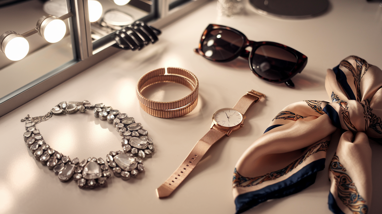Create a realistic image of an elegant array of carefully curated accessories on a minimalist vanity, featuring a statement necklace, stackable bracelets, designer sunglasses, a luxury watch, and a silk scarf, with soft, warm lighting highlighting the textures and creating a glamorous mood, showcasing how these finishing touches can transform an outfit.