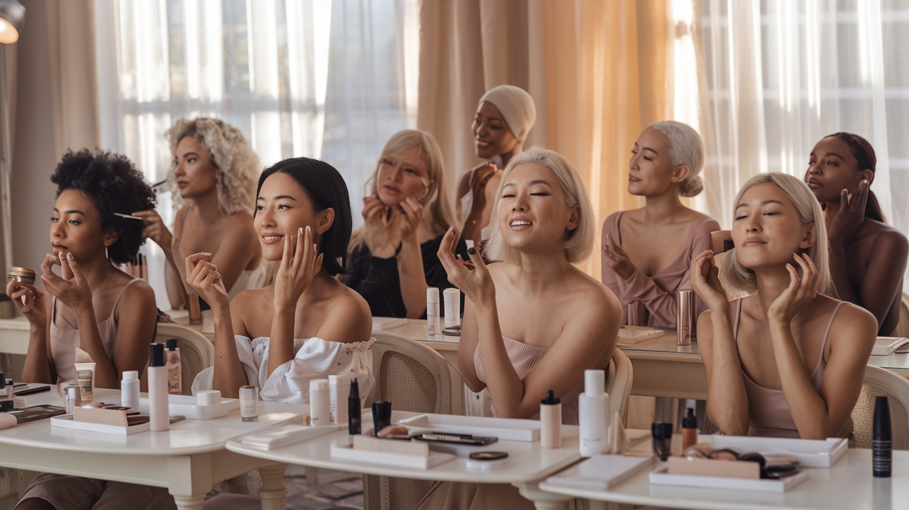Create a realistic image of a diverse group of women of different ages and races (Black, Asian, White) with natural makeup looks that enhance their features, sitting at elegant vanity tables with minimal beauty products, soft morning light streaming through sheer curtains, showing confident smiles as they apply skincare or subtle makeup, creating a warm and empowering atmosphere that celebrates natural beauty.