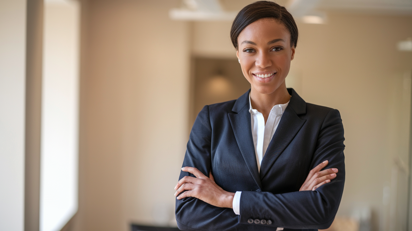 Create a realistic image of a confident Black female professional in a well-tailored business suit, standing with excellent posture in an elegant office space, demonstrating open body language with shoulders back and head held high, making eye contact with the viewer, with soft natural lighting highlighting her poised demeanor and self-assured smile that conveys authority and approachability.