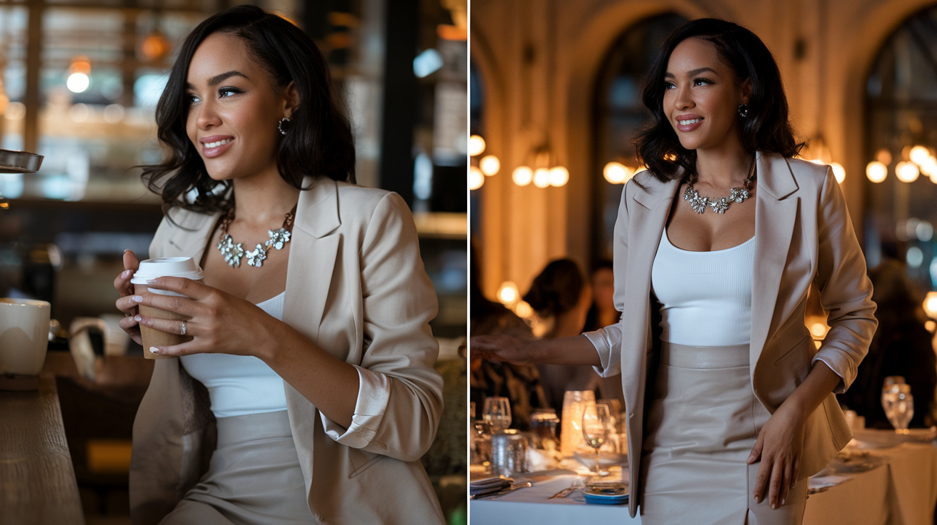 Create a realistic image of a confident Black woman seamlessly transitioning from day to evening, showing split scenes of her maintaining poise in both casual coffee shop setting and elegant dinner party, wearing versatile yet glamorous outfit, with subtle makeup and accessories that enhance her natural beauty, warm lighting highlighting her radiant smile and self-assured posture.