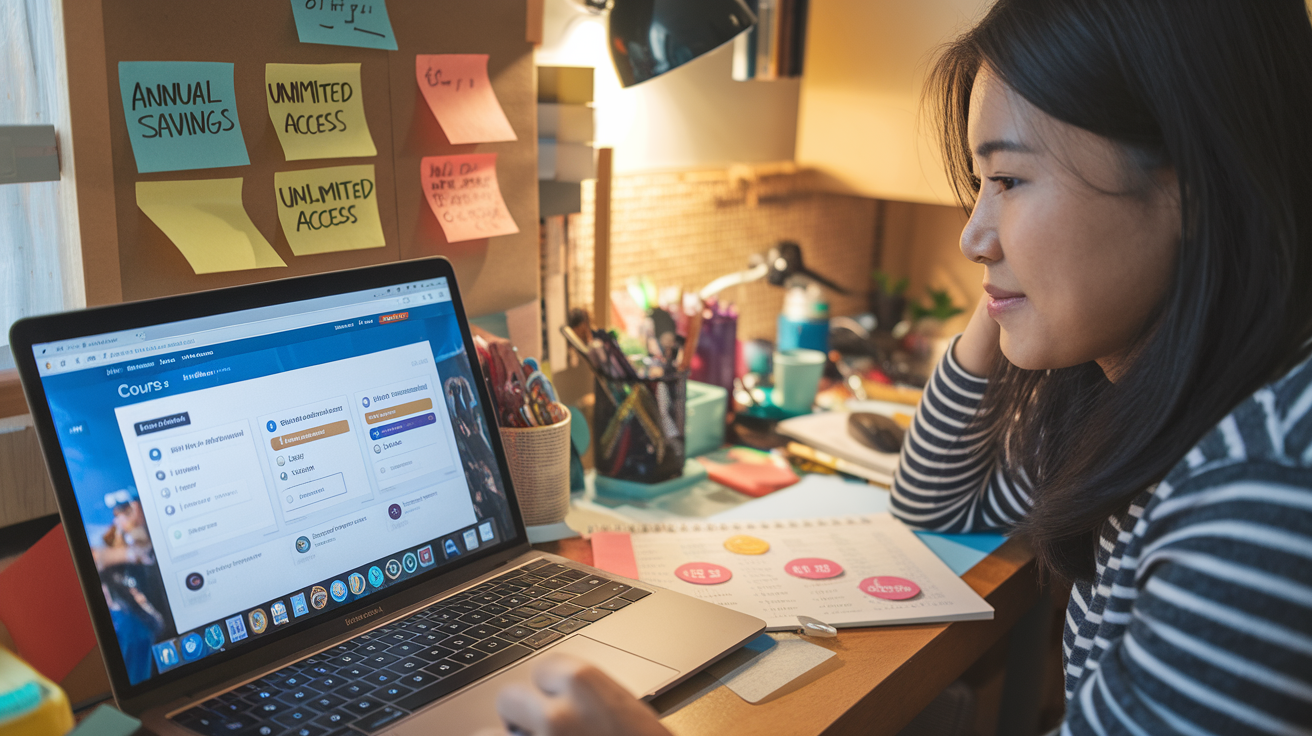 Create a realistic image of a young Asian female student sitting at a desk with a laptop displaying the Coursera Plus interface, showing multiple course offerings and a value comparison chart, with sticky notes nearby highlighting "Annual Savings" and "Unlimited Access," warm lighting creating a focused study atmosphere, and a small calendar visible with circled discount dates.