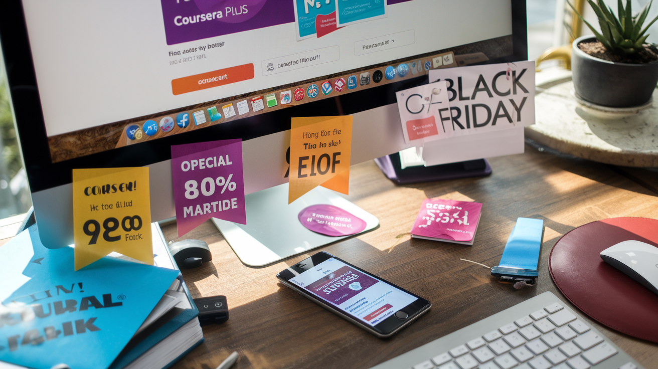 Create a realistic image of a computer screen displaying the Coursera Plus website with clearly visible official discount banners and promotional codes, a smartphone showing a Coursera email with a special offer, and a calendar marking special sale dates like Black Friday, all arranged on a neat desk with soft, natural lighting to convey a sense of insider knowledge about legitimate discount opportunities.