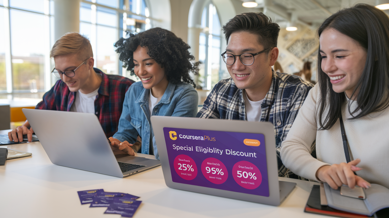 Create a realistic image of a diverse group of students (Black female, Asian male, White female) looking at their laptops with excited expressions, viewing a Coursera Plus discount page that shows "Special Eligibility Discount" and percentage off badges, set in a well-lit modern study space with university ID cards visible on the desk.