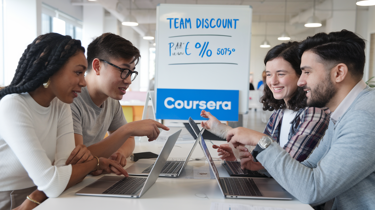 Create a realistic image of a diverse group of four people (Black female, Asian male, White female, and Latino male) sitting around a table with laptops open to the Coursera website, discussing and pointing at discount pricing options on their screens, with a whiteboard in the background showing "Team Discount" and percentage savings, in a bright modern office space with blue Coursera branding visible.