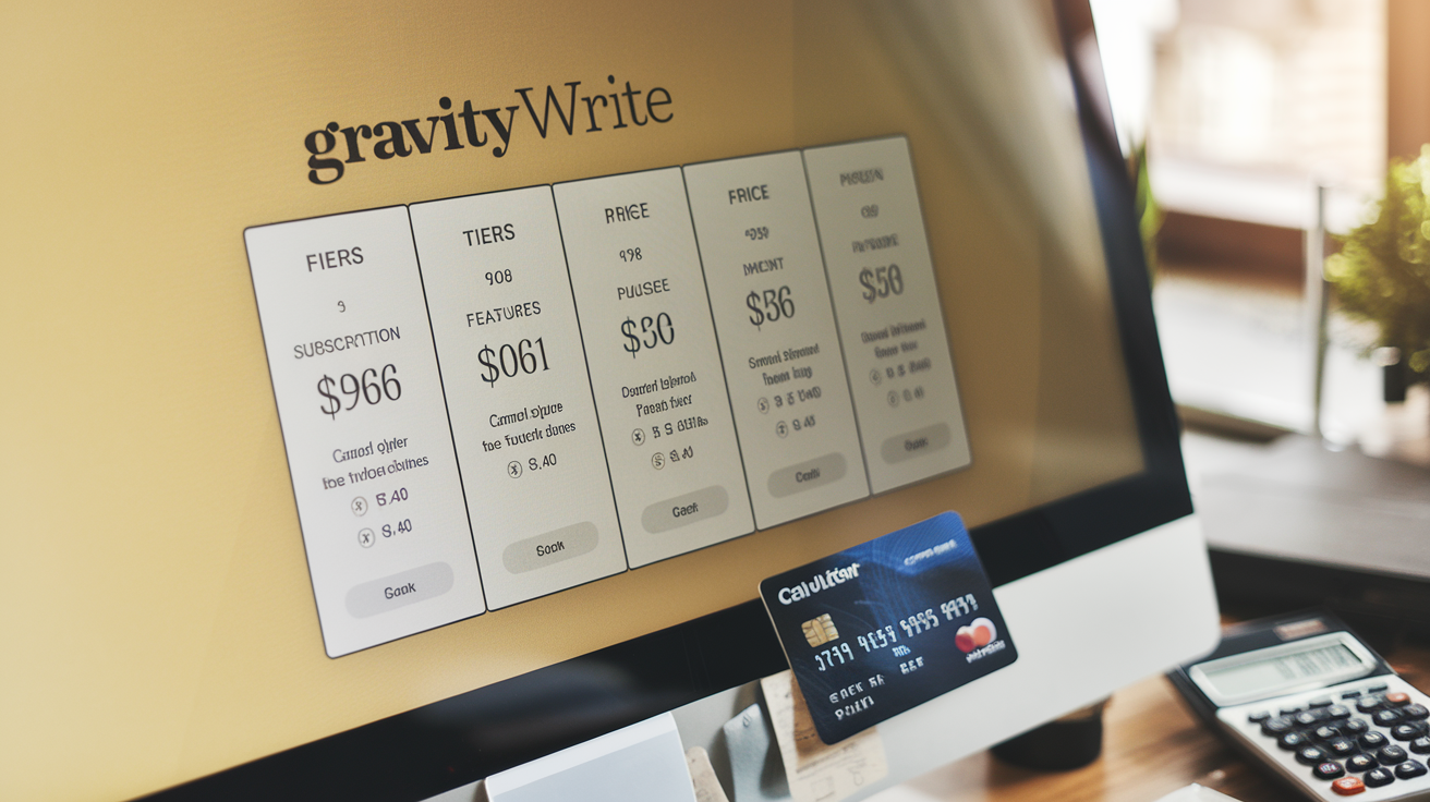 Create a realistic image of a clean, modern pricing table for GravityWrite software displayed on a computer screen, showing multiple subscription tiers with clearly labeled features and price points, with a credit card and calculator nearby suggesting payment options, all set on a professional desk with soft office lighting highlighting the comprehensive pricing structure.
